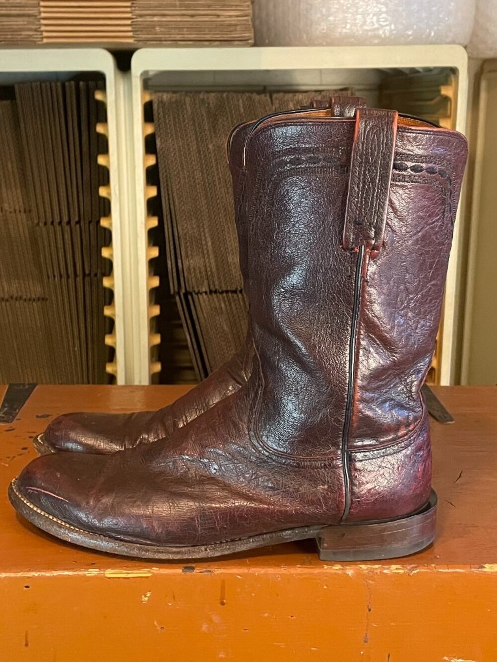 LUCCHESE 2000 Men's Size 8.5 D Brown Cherry Smooth Ostrich Cowboy Western Boots